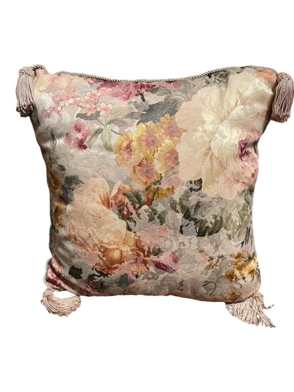 Vtg Brocade Throw Pillow Cord Tassel 18x18” Taupe Gold Pink Burgundy Green